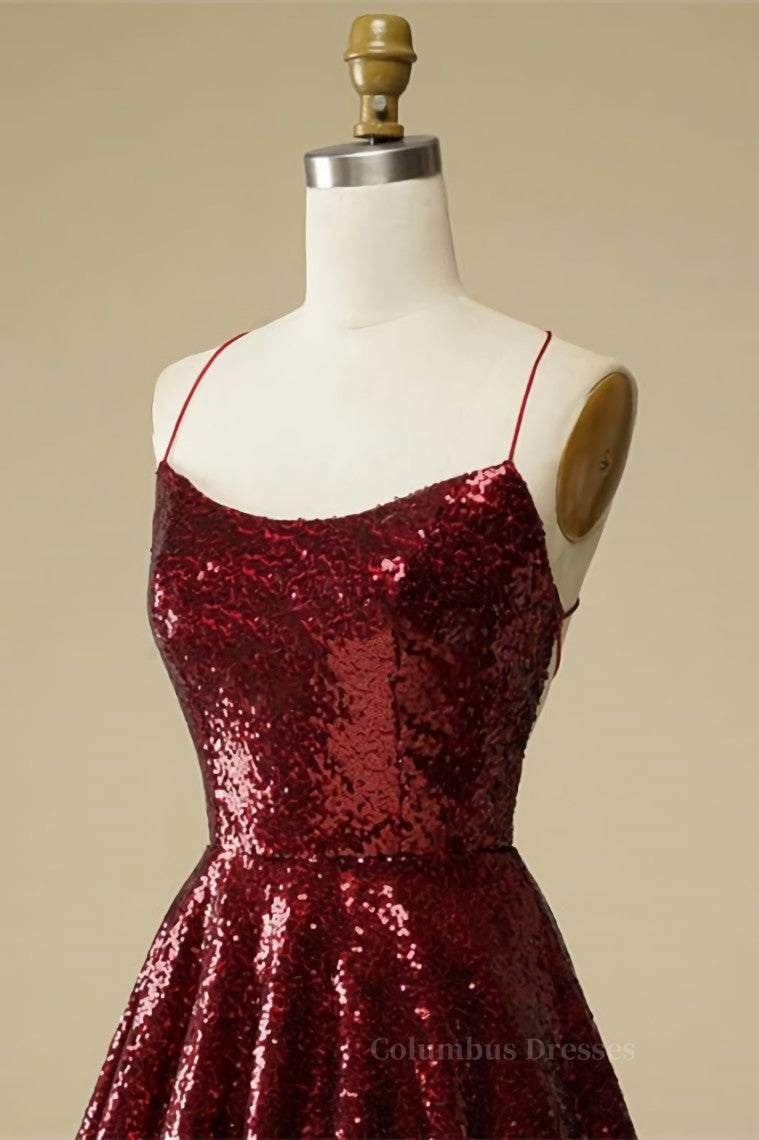 Bridesmaid Dresses With Lace, Burgundy A-line Lace-Up Back Sequins Mini Homecoming Dress Main image