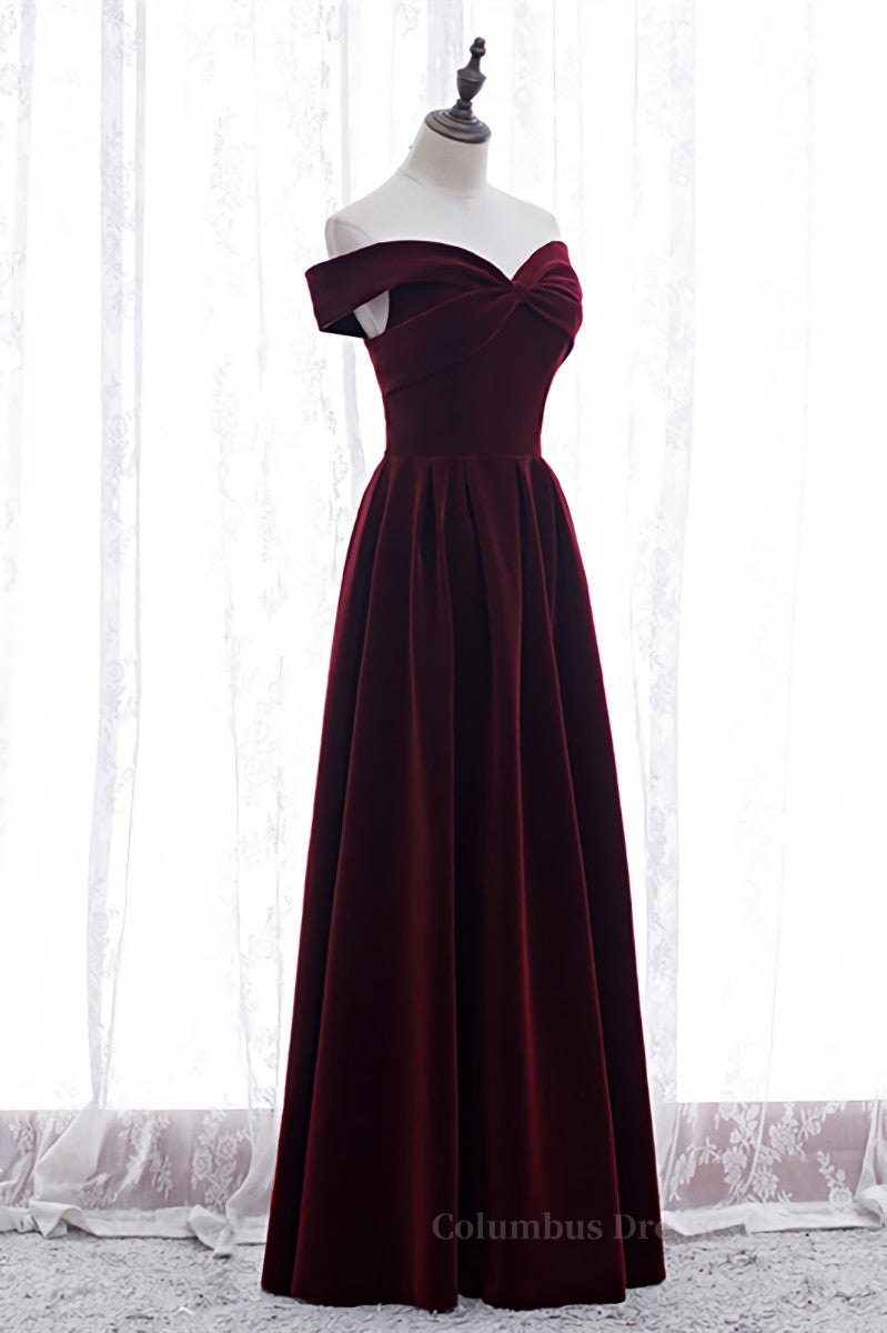 Burgundy A-line Off-the-Shoulder Pleated Bow Velvet Maxi Formal Dress Secondary image