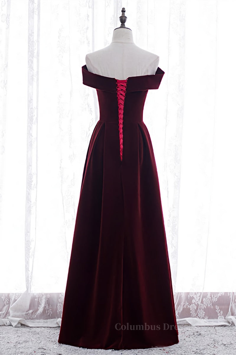 Prom Dresse 2048, Burgundy A-line Off-the-Shoulder Pleated Bow Velvet Maxi Formal Dress Main image