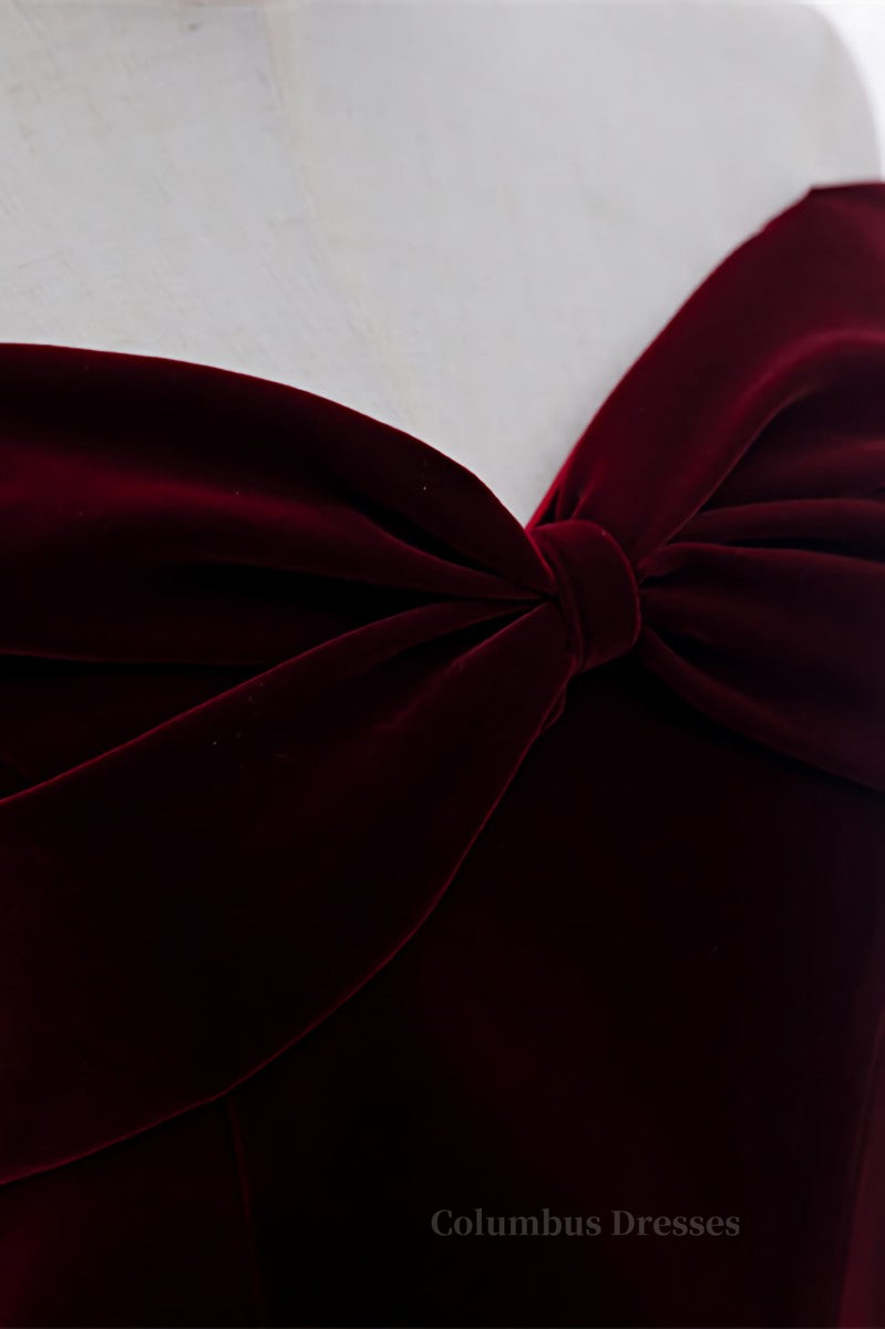 Prom Dressed 2048, Burgundy A-line Off-the-Shoulder Pleated Bow Velvet Maxi Formal Dress