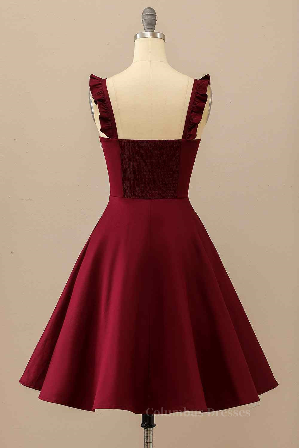 Party Dress Code, Burgundy A-line Ruffle Straps Satin Mini Homecoming Dress Main image