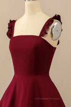 Party Dresses Designer, Burgundy A-line Ruffle Straps Satin Mini Homecoming Dress