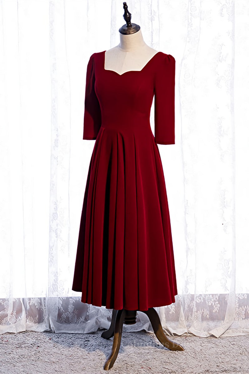 Burgundy A-line Sleeves Square Neck Pleated Tea Length Formal Dress Secondary image