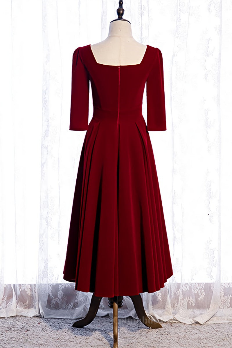 Homecomming Dress Vintage, Burgundy A-line Sleeves Square Neck Pleated Tea Length Formal Dress Main image
