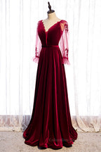 Evening Dresses Long Sleeve, Burgundy A-line V Neck Long Sleeves Beaded Appliques Maxi Formal Dress