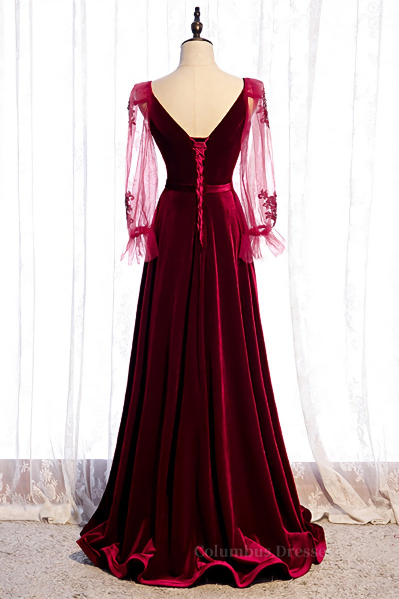 Evening Dress Long Sleeve, Burgundy A-line V Neck Long Sleeves Beaded Appliques Maxi Formal Dress Main image