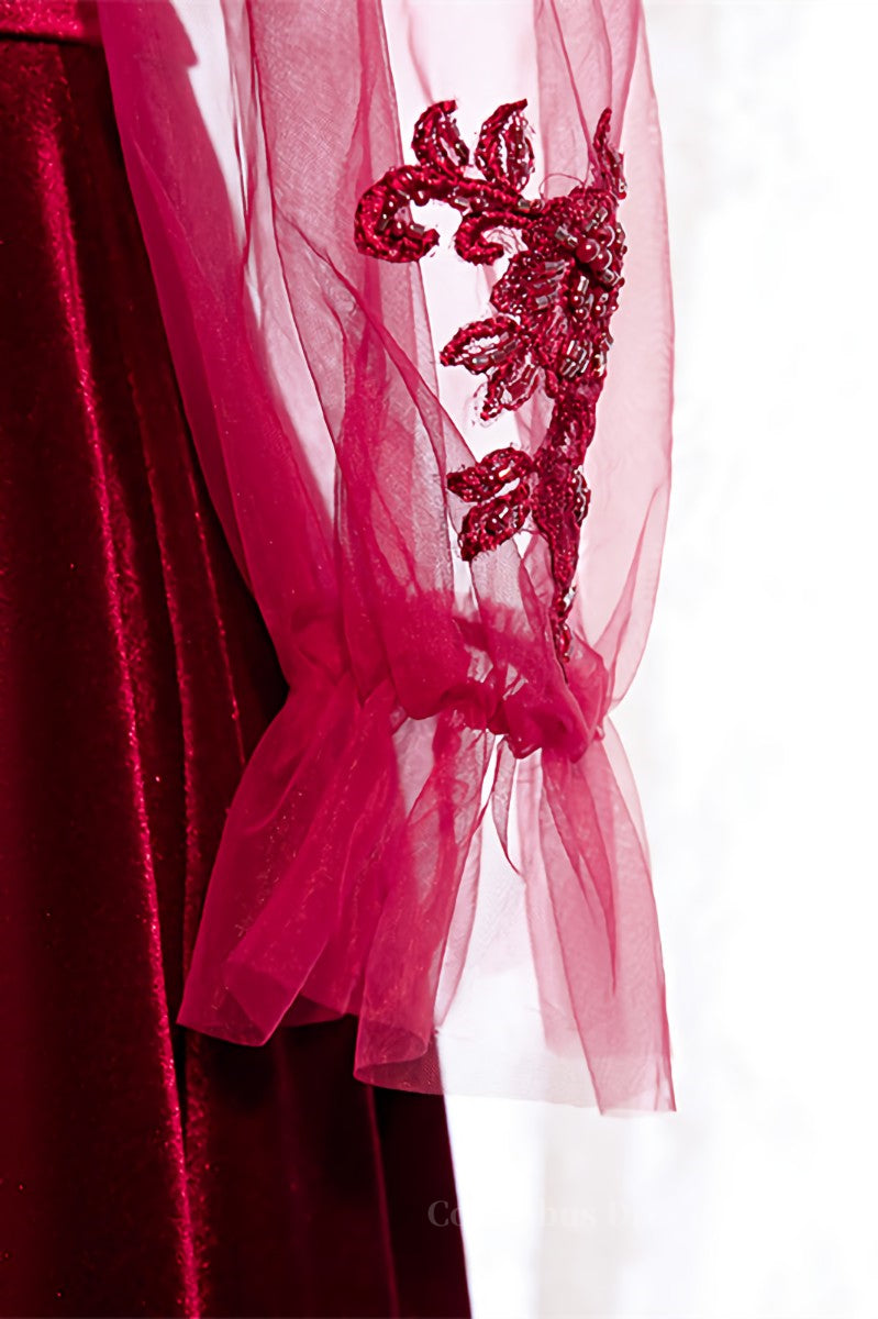 Evening Dresses Gold, Burgundy A-line V Neck Long Sleeves Beaded Appliques Maxi Formal Dress