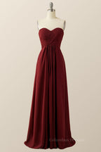Prom Dresses With Short, Burgundy Chiffon Sweetheart A-line Long Dress