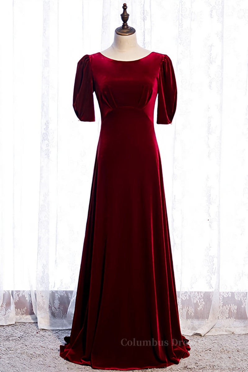 Homecoming Dresses Laces, Burgundy Deep V Back Sleeves Scoop Neck Maxi Formal Dress