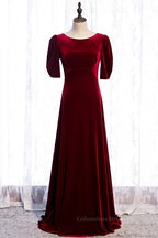 Homecoming Dresses Laces, Burgundy Deep V Back Sleeves Scoop Neck Maxi Formal Dress