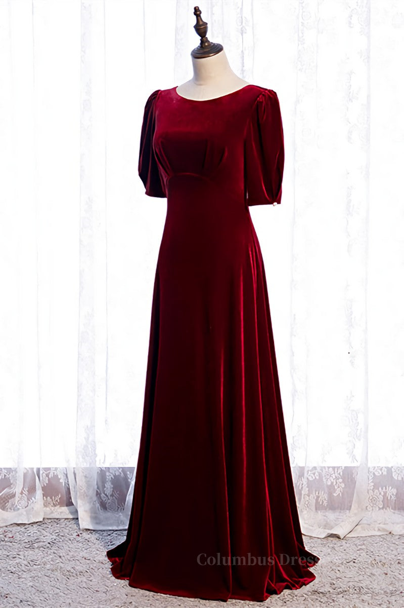 Burgundy Deep V Back Sleeves Scoop Neck Maxi Formal Dress Secondary image