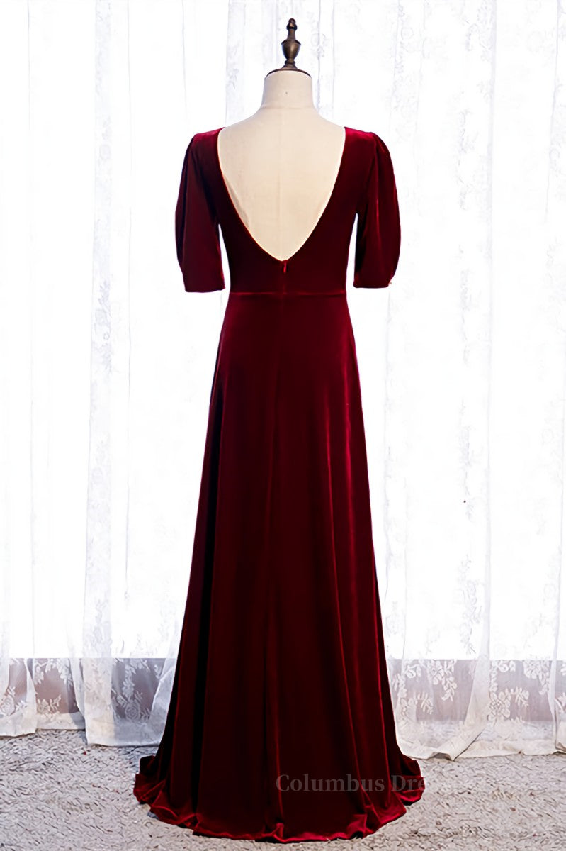 Homecoming Dresses Tight, Burgundy Deep V Back Sleeves Scoop Neck Maxi Formal Dress Main image