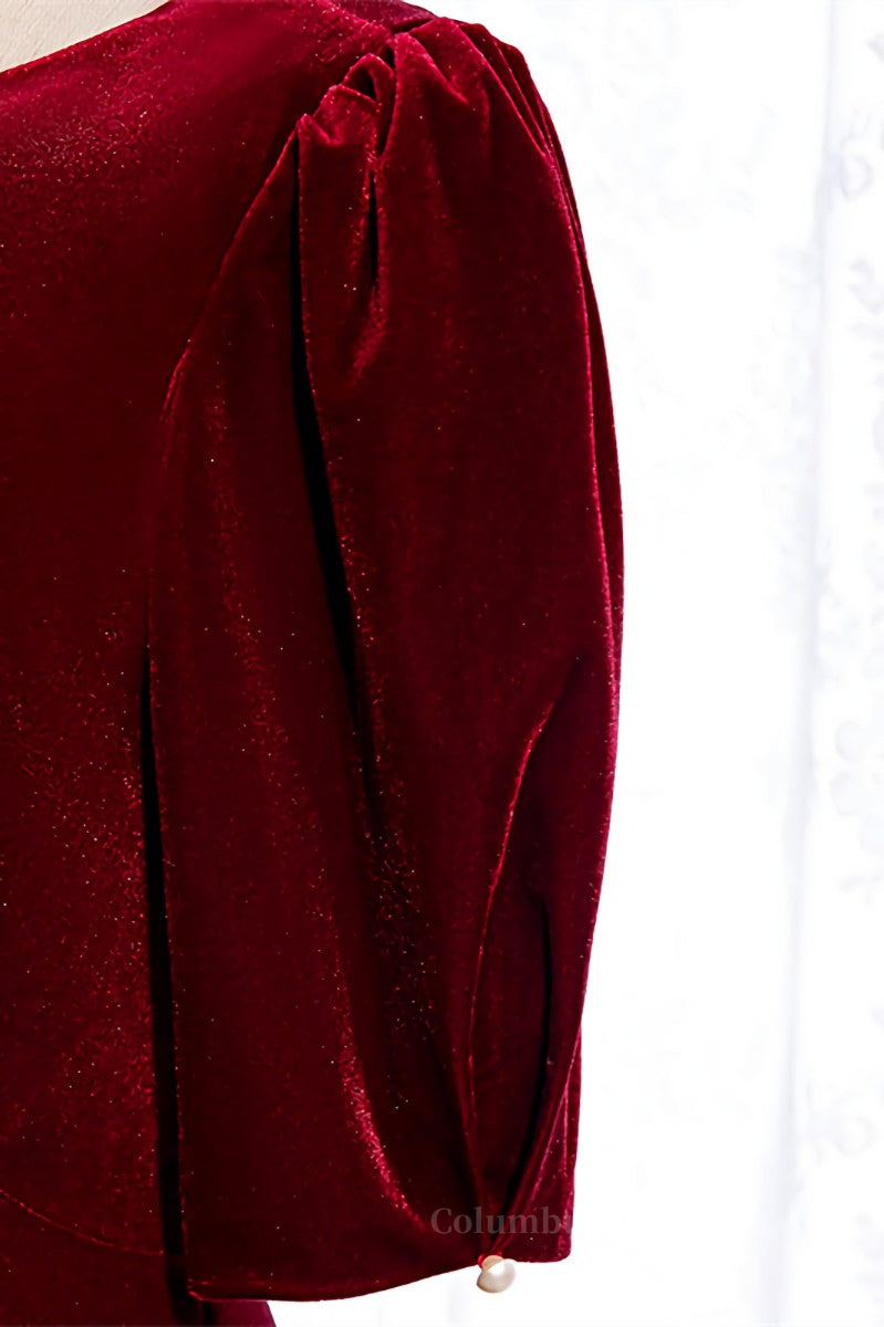 Homecoming Dresses Short Prom, Burgundy Deep V Back Sleeves Scoop Neck Maxi Formal Dress