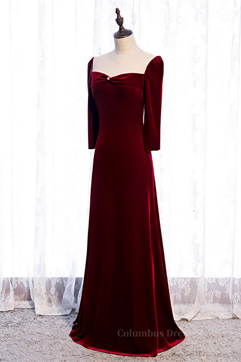 Burgundy Illusion Neck Long Sleeves Pleated Maxi Formal Dress with Pearl Secondary image