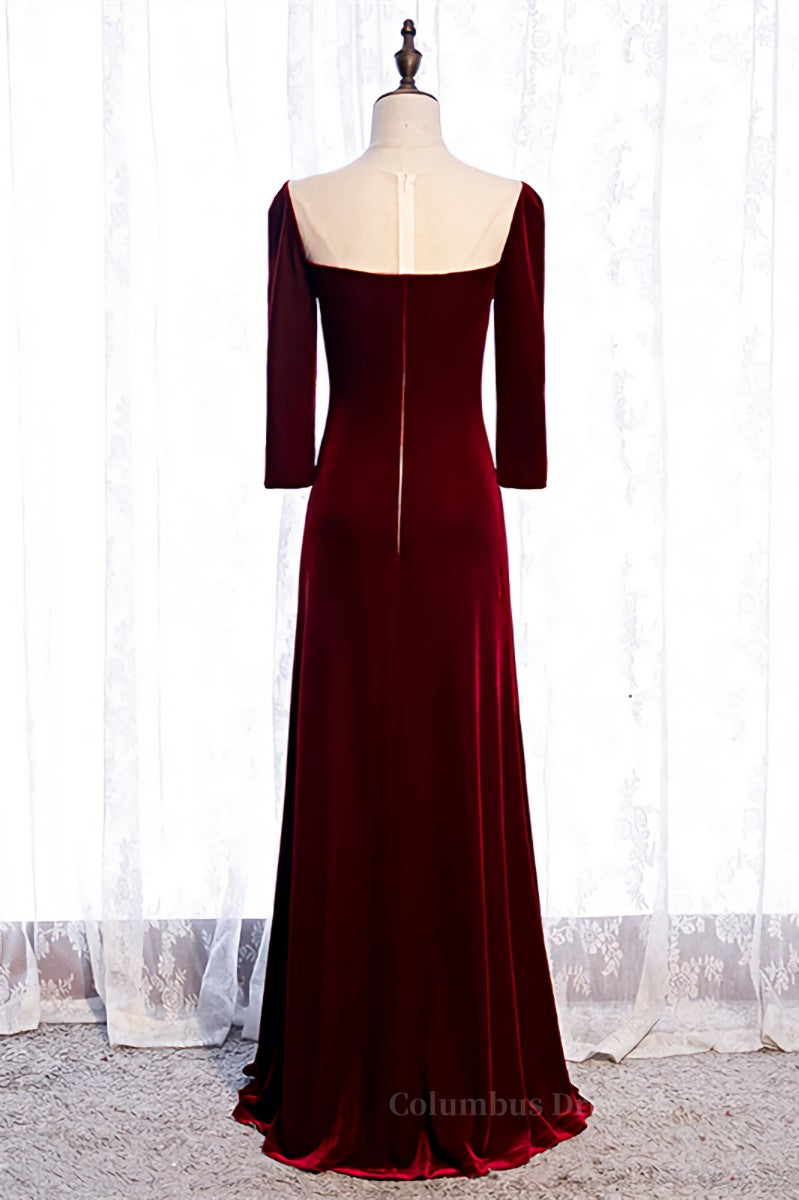 Homecoming Dress Red, Burgundy Illusion Neck Long Sleeves Pleated Maxi Formal Dress with Pearl Main image