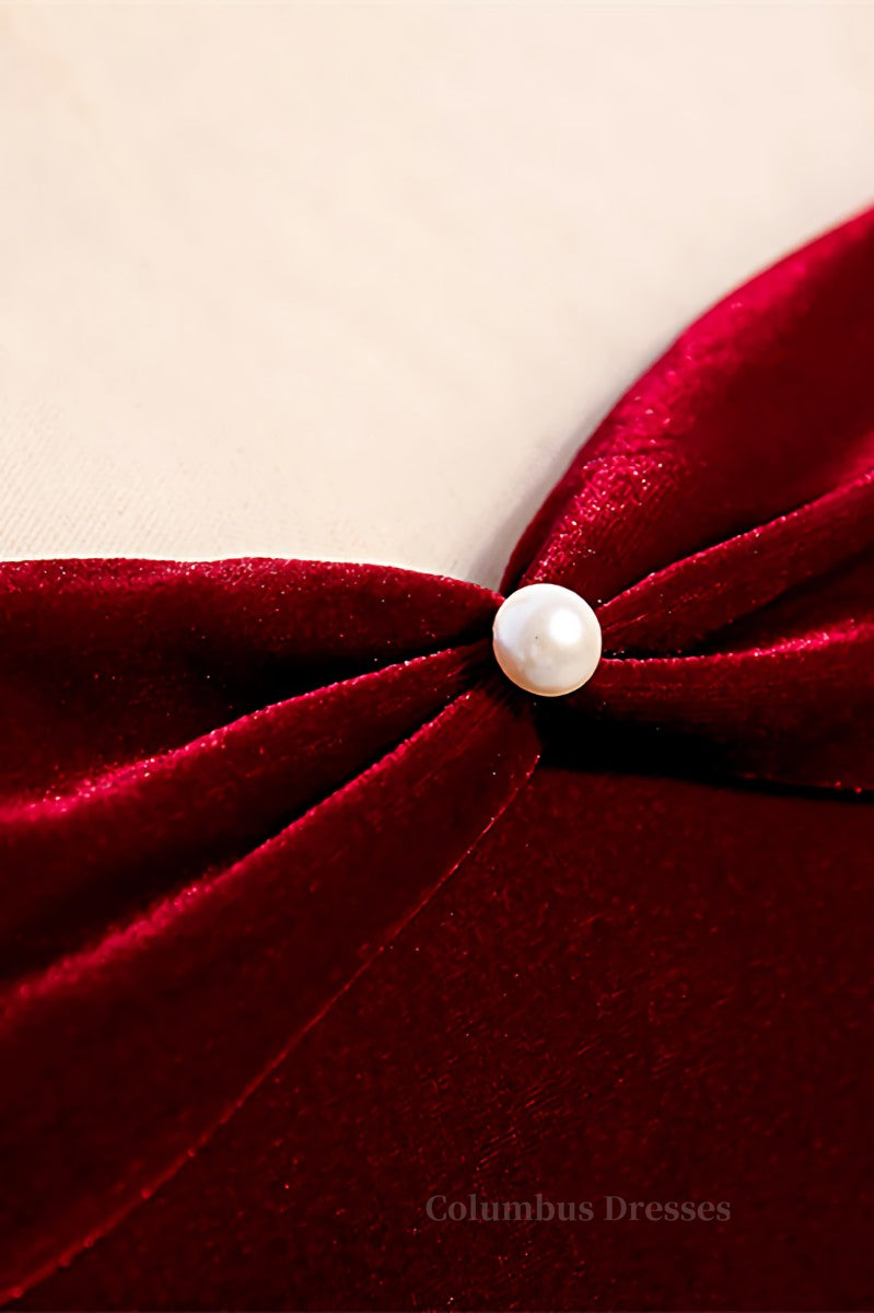 Homecoming Dresses Fitted, Burgundy Illusion Neck Long Sleeves Pleated Maxi Formal Dress with Pearl