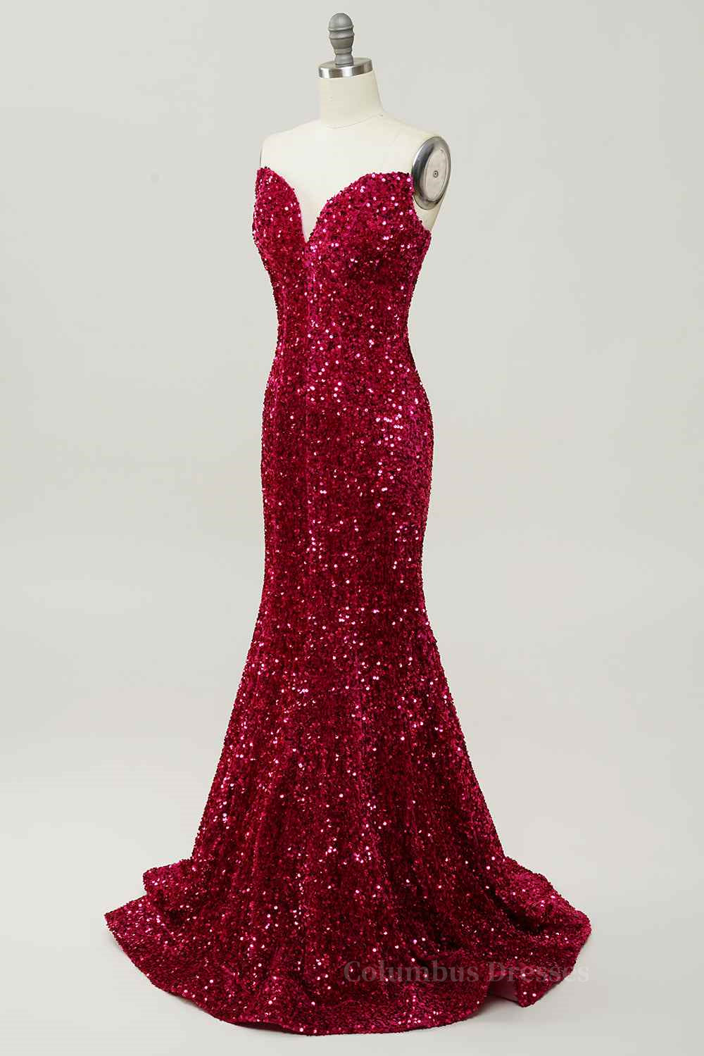 Burgundy Mermaid V Neckline Sequins Long Prom Dress Secondary image
