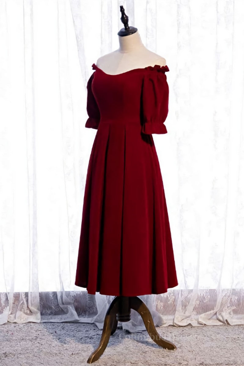 Burgundy Off-the-Shoulder Tea Length Formal Dress with Sleeves Secondary image