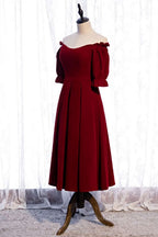 Chiffon Dress, Burgundy Off-the-Shoulder Tea Length Formal Dress with Sleeves
