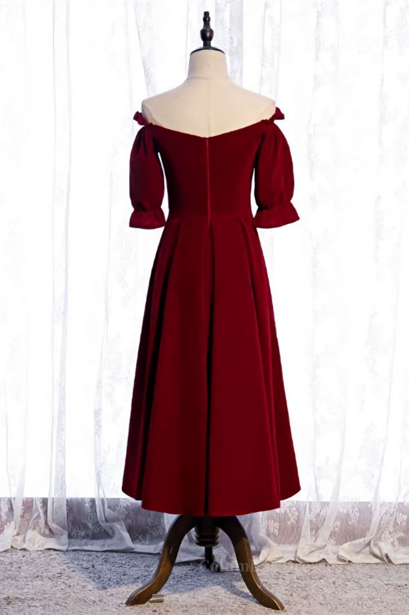 Navy Blue Dress, Burgundy Off-the-Shoulder Tea Length Formal Dress with Sleeves Main image