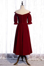 Navy Blue Dress, Burgundy Off-the-Shoulder Tea Length Formal Dress with Sleeves
