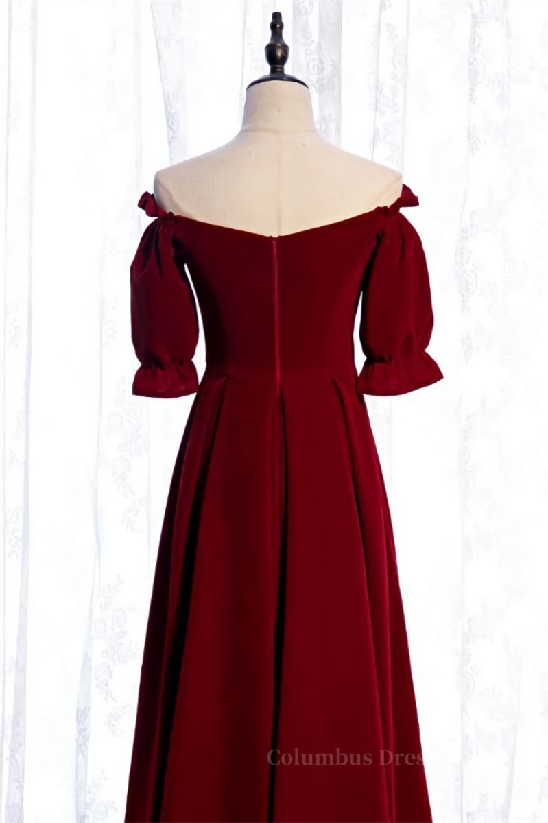 Formal Dresses For Ladies Over 80, Burgundy Off-the-Shoulder Tea Length Formal Dress with Sleeves