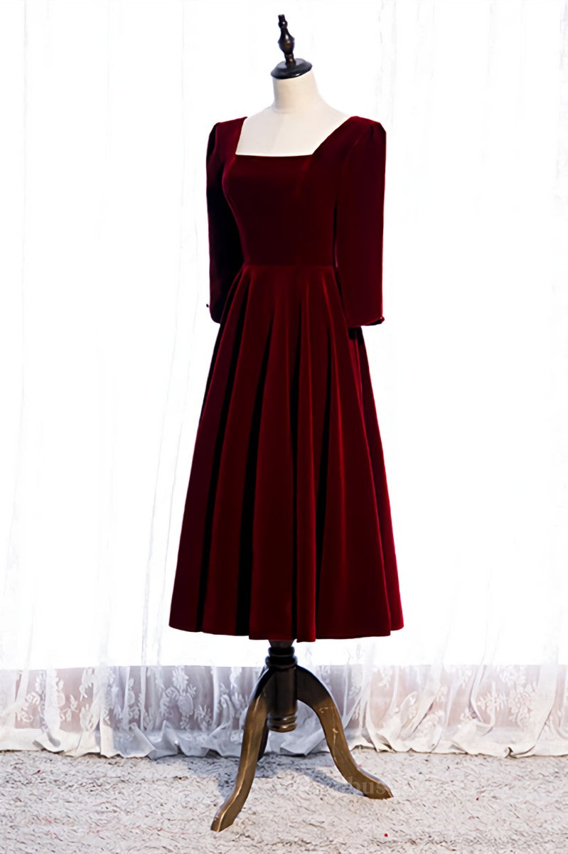 Burgundy Square Neck Long Sleeves Velvet Midi Formal Dress Secondary image