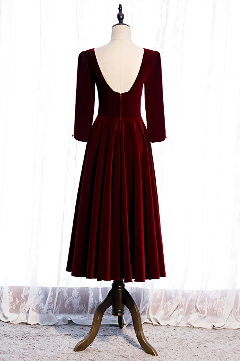 Evening Dresses Elegant Classy, Burgundy Square Neck Long Sleeves Velvet Midi Formal Dress Main image