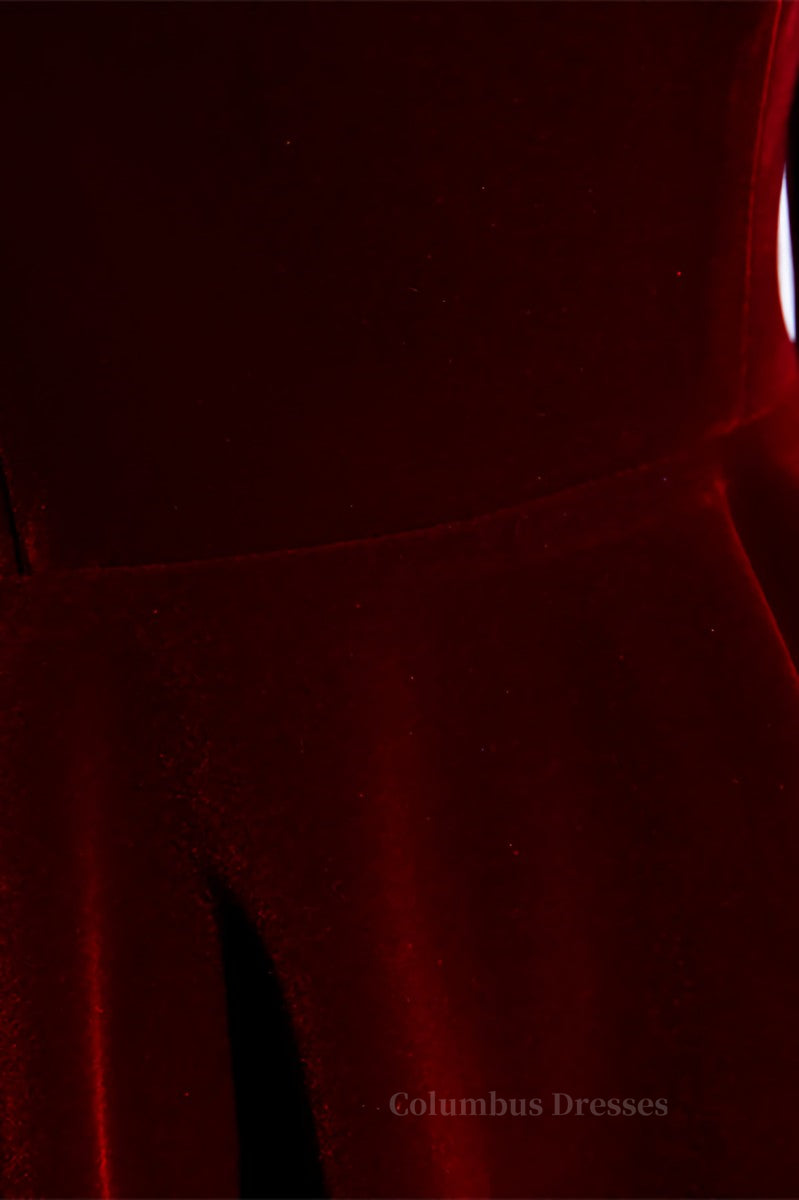 Evening Dress Italy, Burgundy Square Neck Long Sleeves Velvet Midi Formal Dress