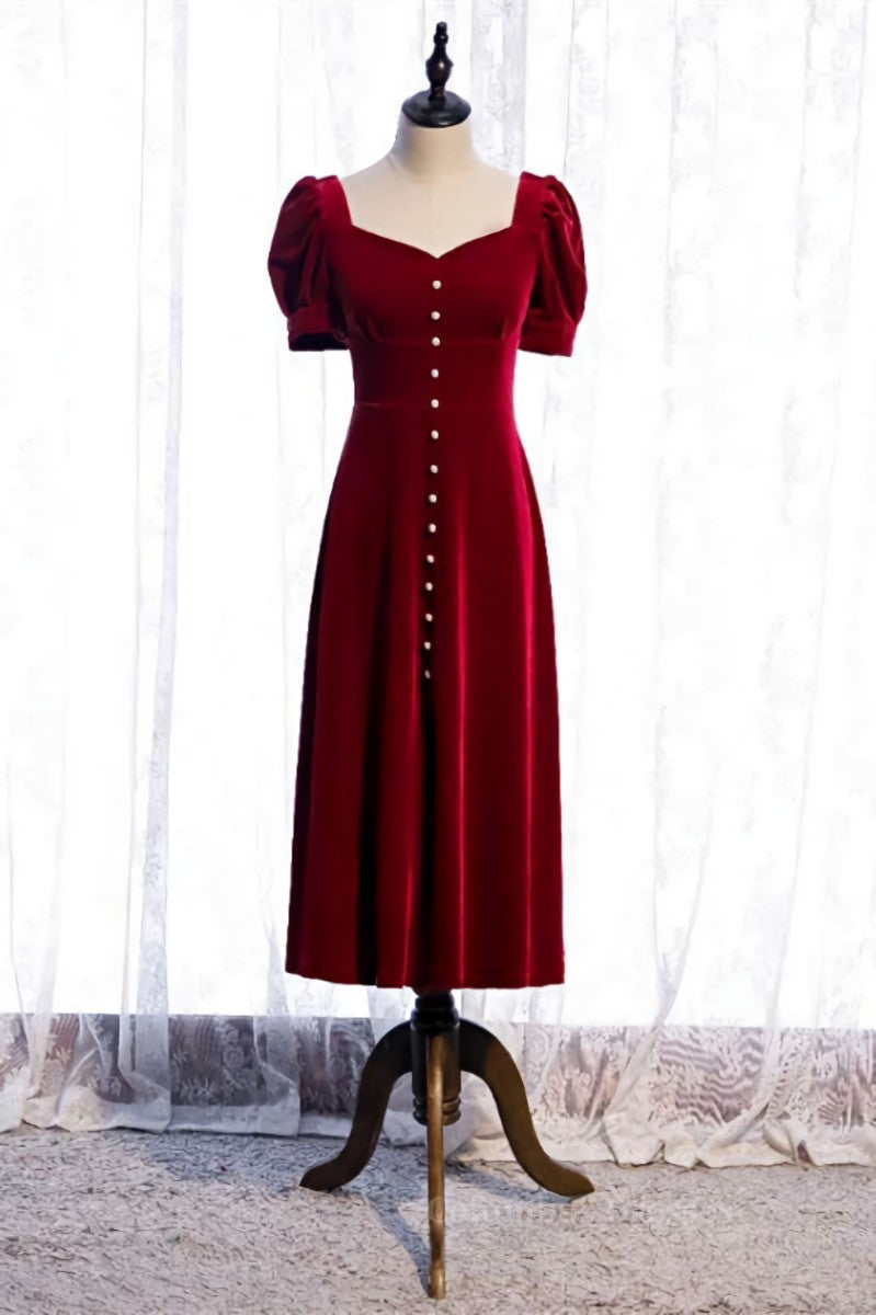 Long Prom Dress, Burgundy Square Neck Puff Sleeves Bow Tie Back Tea Length Formal Dress with Buttons