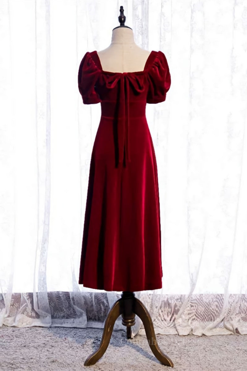 Burgundy Square Neck Puff Sleeves Bow Tie Back Tea Length Formal Dress with Buttons Secondary image