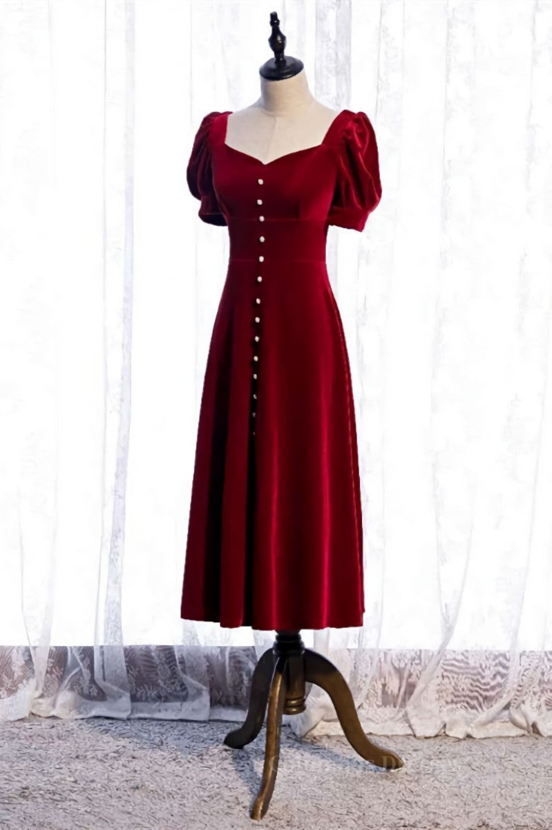Vacation Dress, Burgundy Square Neck Puff Sleeves Bow Tie Back Tea Length Formal Dress with Buttons Main image