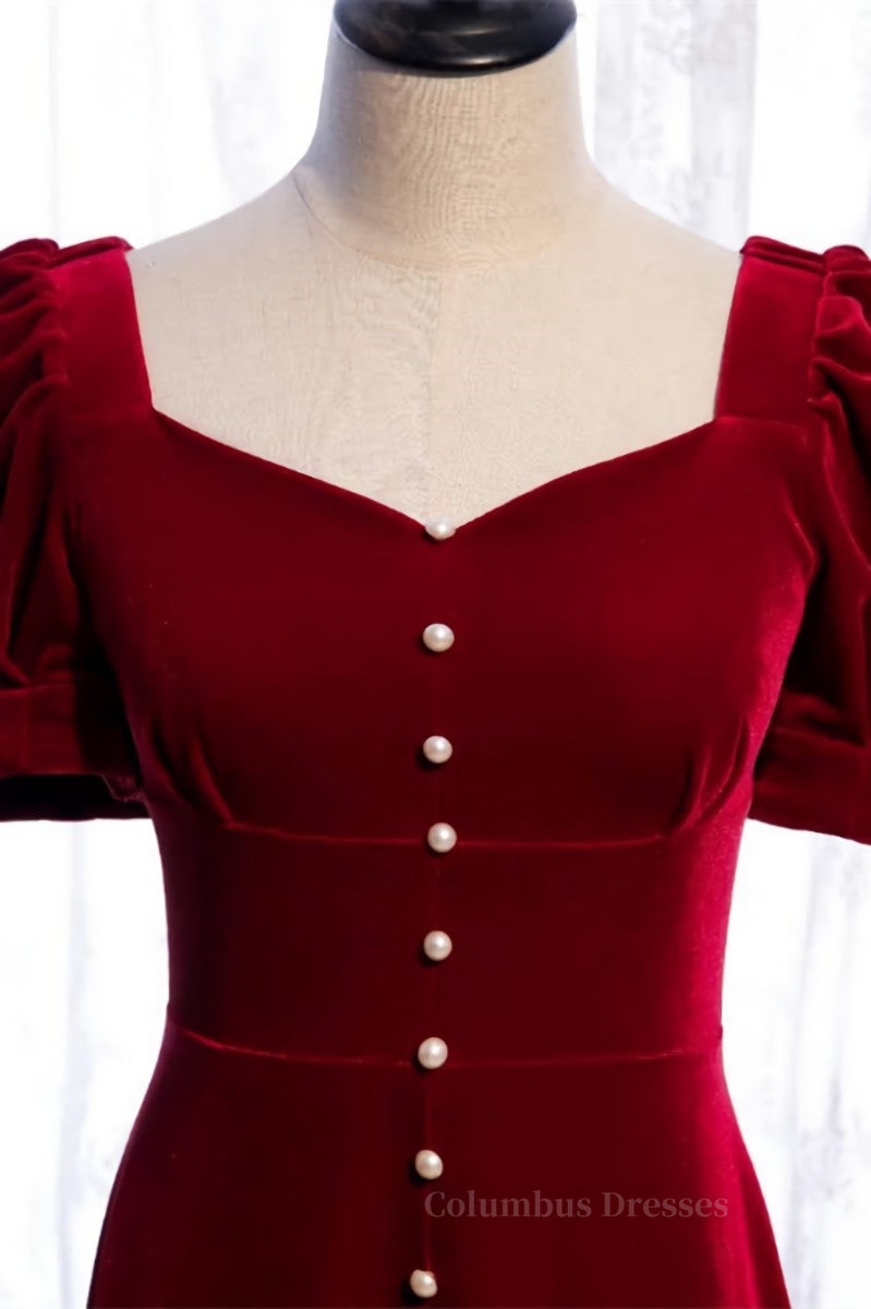Red Formal Dress, Burgundy Square Neck Puff Sleeves Bow Tie Back Tea Length Formal Dress with Buttons