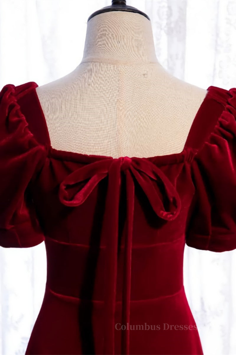 Dress To Impression, Burgundy Square Neck Puff Sleeves Bow Tie Back Tea Length Formal Dress with Buttons