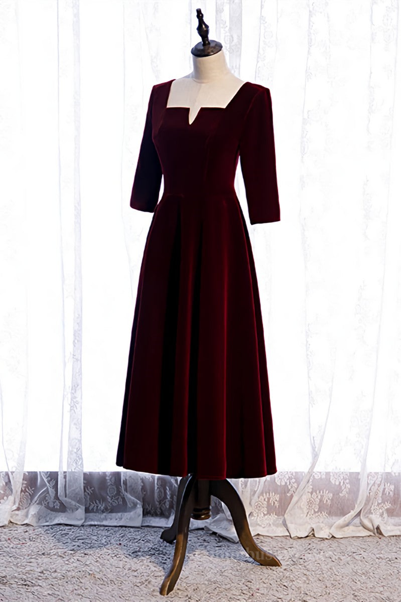 Burgundy Square Neck Sleeves Velvet Bow Tie Back Tea Length Formal Dress Secondary image