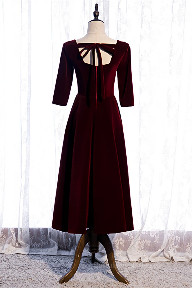 Homecoming Dresses Online, Burgundy Square Neck Sleeves Velvet Bow Tie Back Tea Length Formal Dress Main image