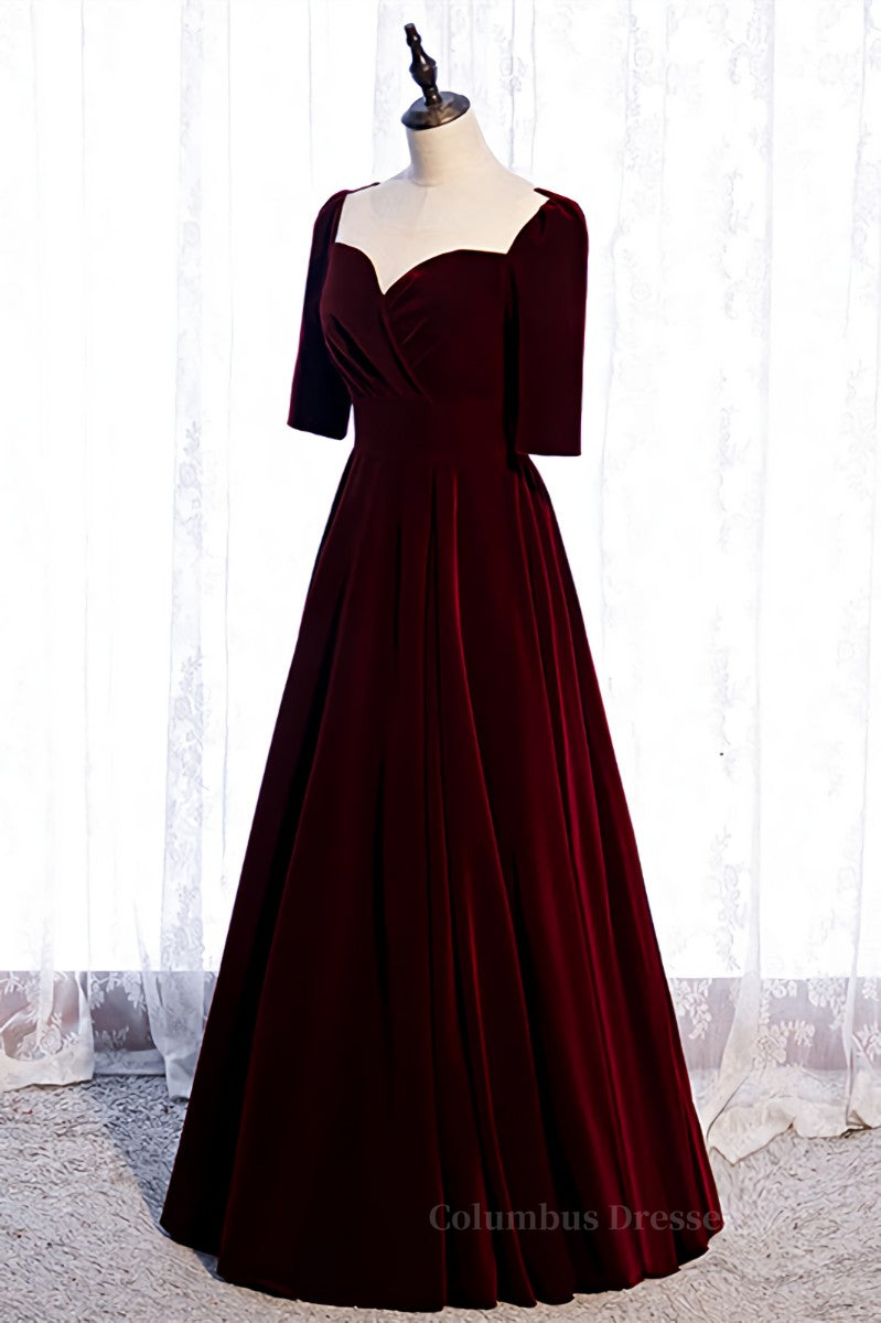Burgundy Sweetheart Sleeves Pleated Velvet Lace-Up Maxi Formal Dress Secondary image
