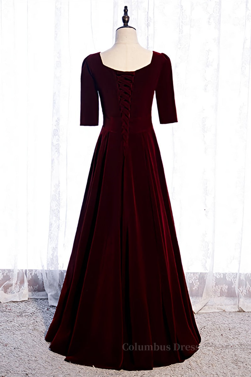 Homecomming Dresses Cute, Burgundy Sweetheart Sleeves Pleated Velvet Lace-Up Maxi Formal Dress