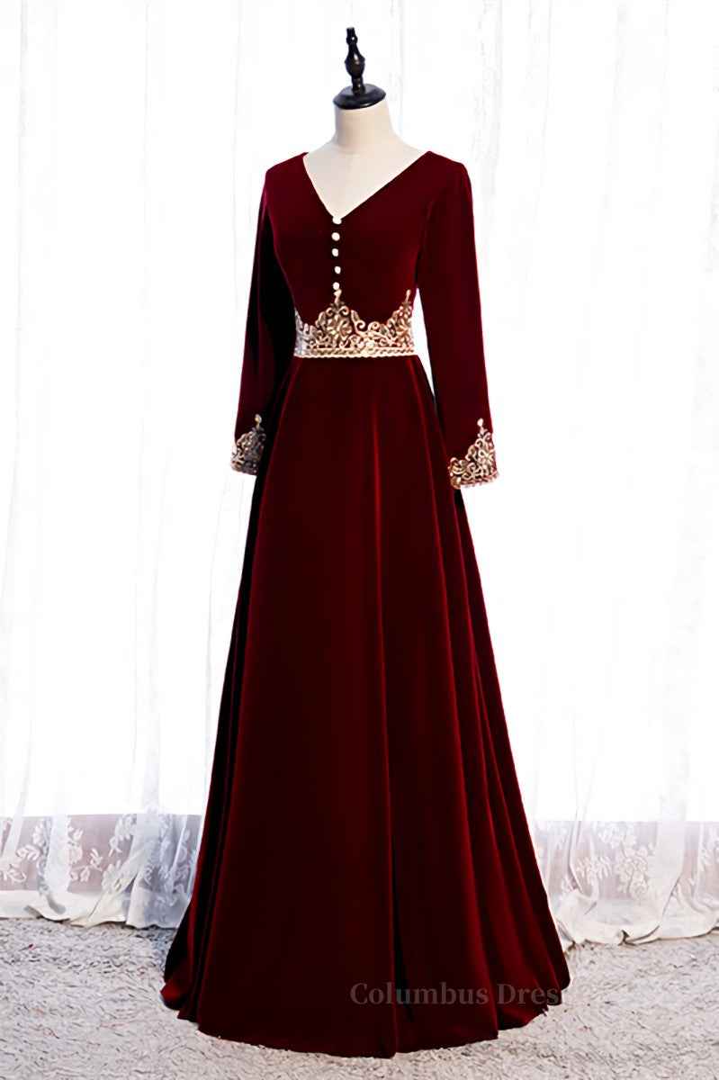Evening Dress Long Elegant, Burgundy V Neck Long Sleeves Embroidery Velvet Maxi Formal Dress with Button