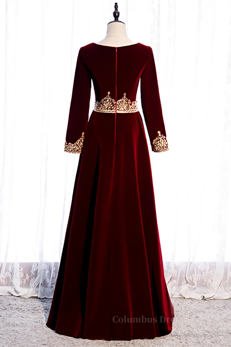 Evening Dresses Long Elegant, Burgundy V Neck Long Sleeves Embroidery Velvet Maxi Formal Dress with Button Main image