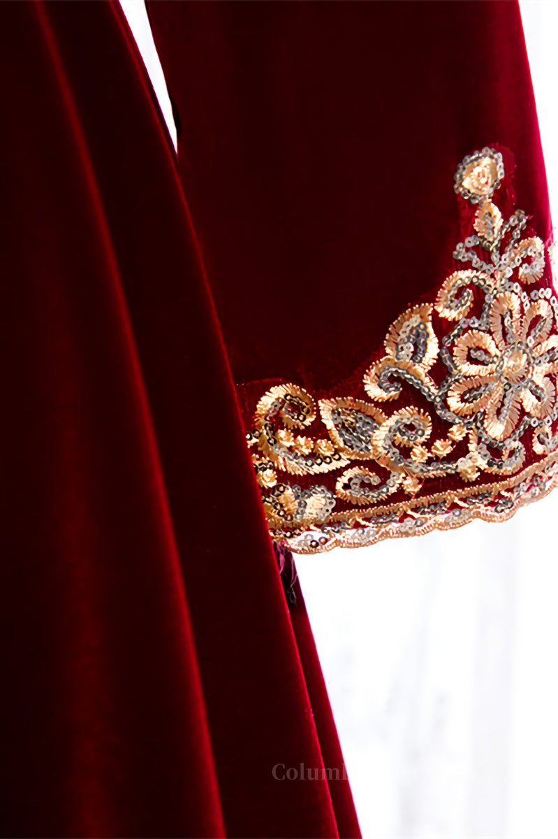 Evening Dresses Prom Long, Burgundy V Neck Long Sleeves Embroidery Velvet Maxi Formal Dress with Button