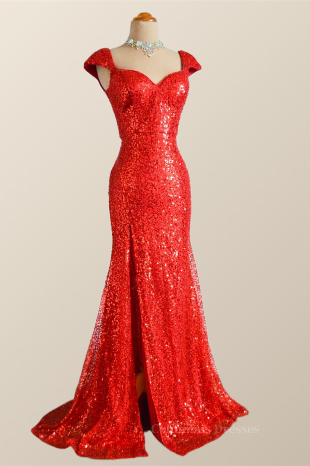 Cap Sleeves Red Sequin Mermaid Long Prom Dress Secondary image