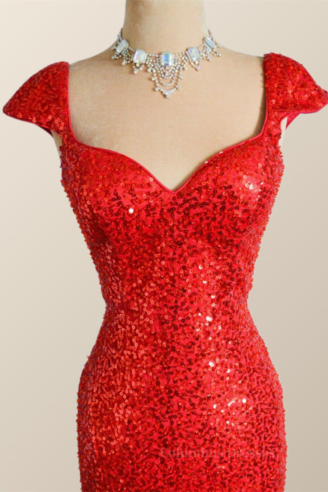 Party Dresses For Short Ladies, Cap Sleeves Red Sequin Mermaid Long Prom Dress
