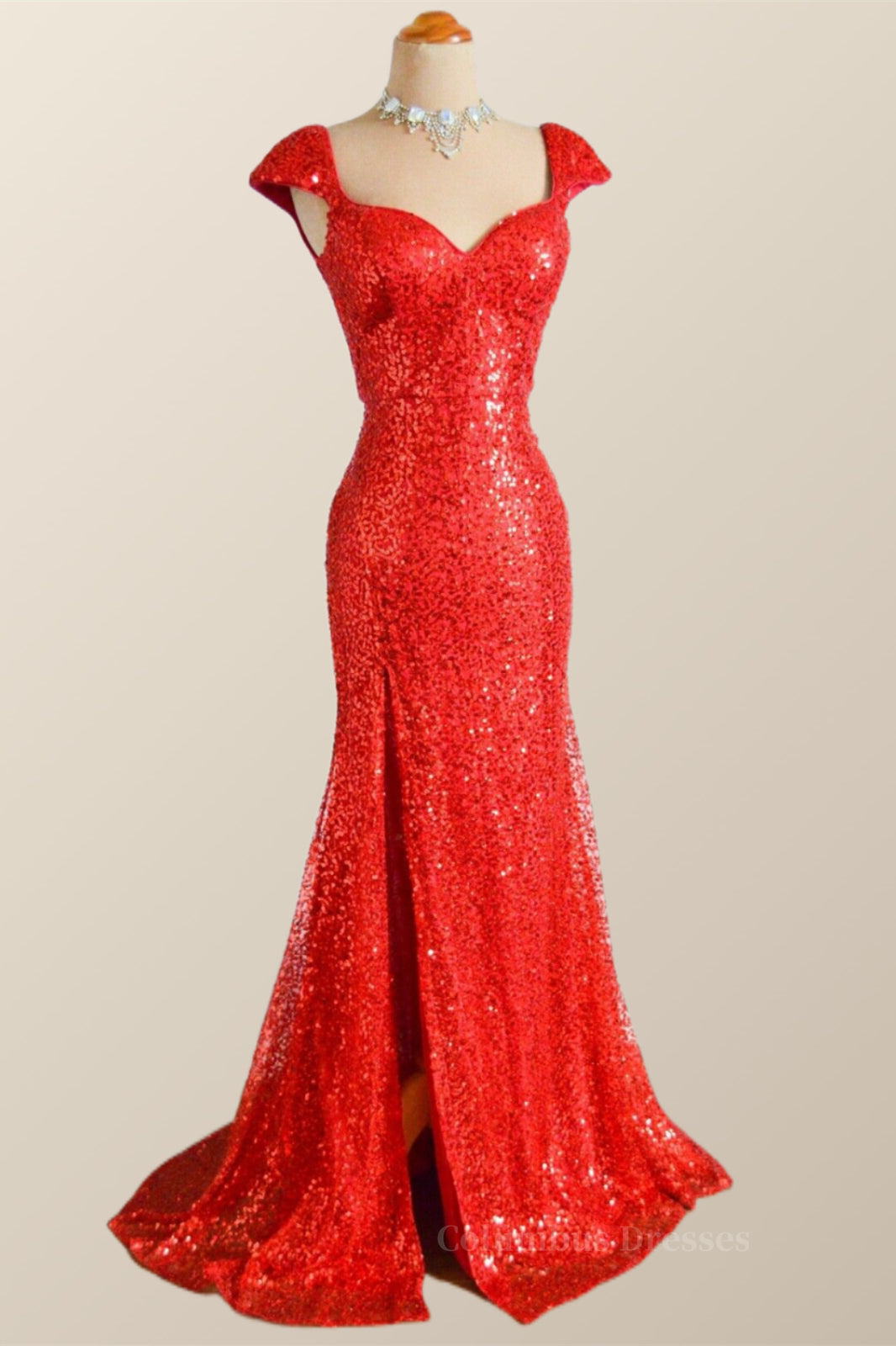 Party Dress Mini, Cap Sleeves Red Sequin Mermaid Long Prom Dress