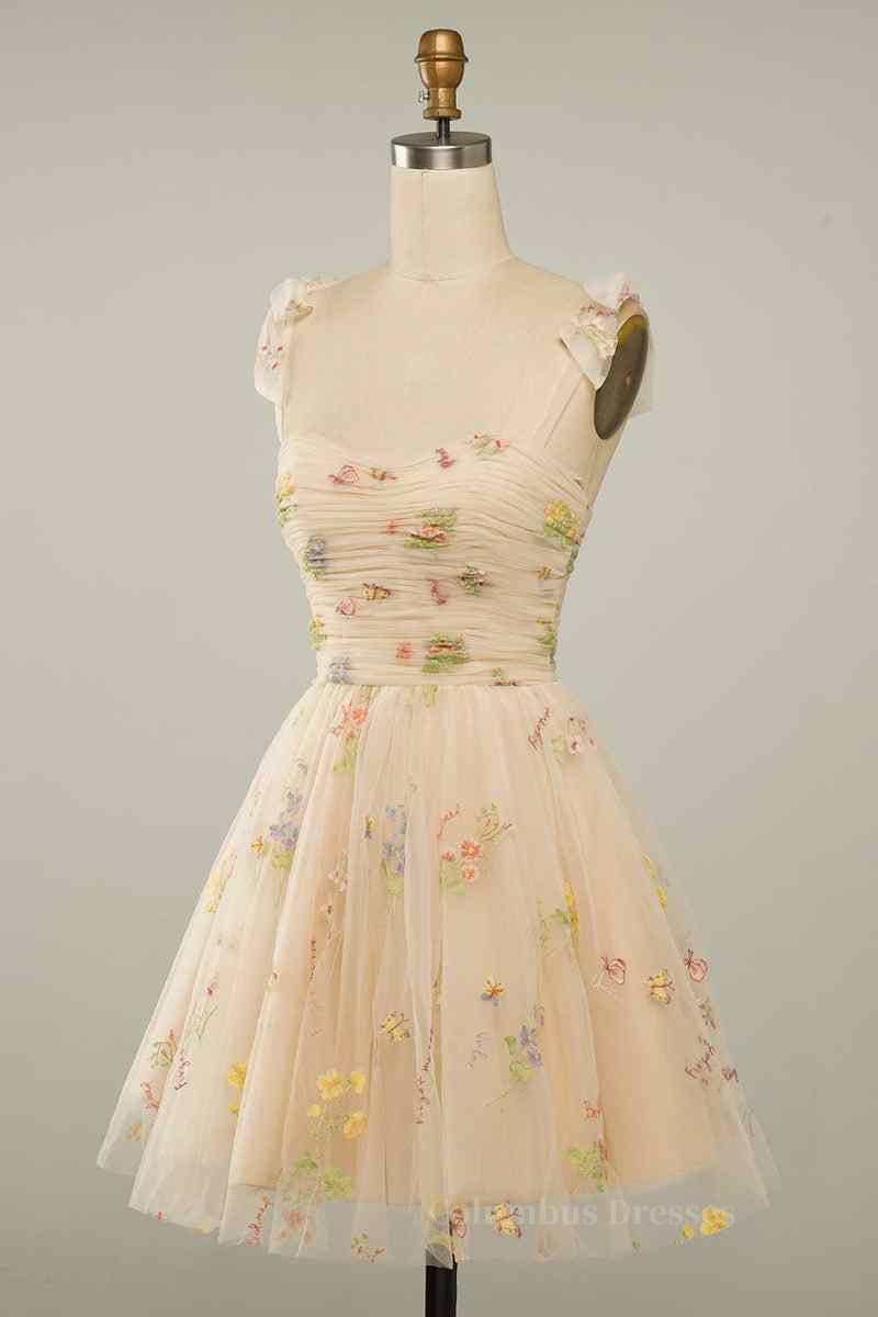 Party Dress On Line, Champagne A-line Bow Tie Straps Pleated Applique Mini Homecoming Dress