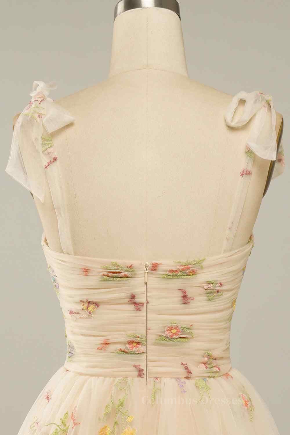 Party Dresses In Store, Champagne A-line Bow Tie Straps Pleated Applique Mini Homecoming Dress