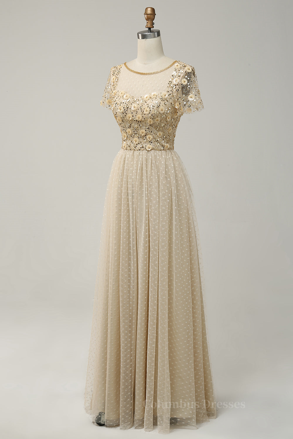 Champagne A-line Dot Appliques Illusion Neck Beaded Long Prom Dress Secondary image