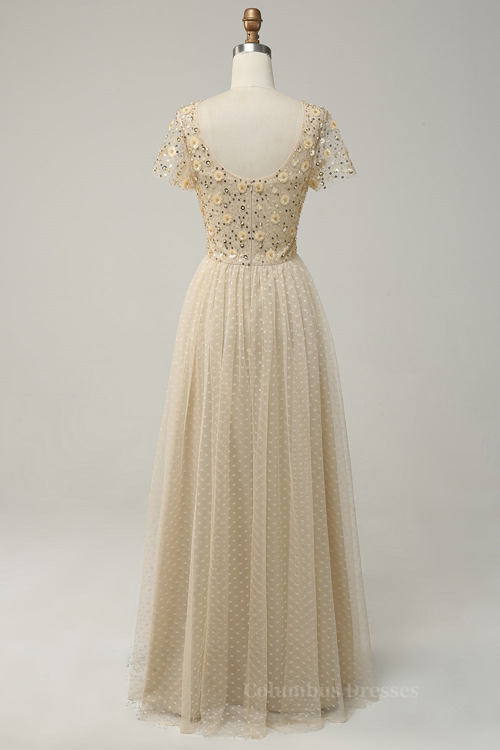 Sage Green Bridesmaid Dress, Champagne A-line Dot Appliques Illusion Neck Beaded Long Prom Dress Main image