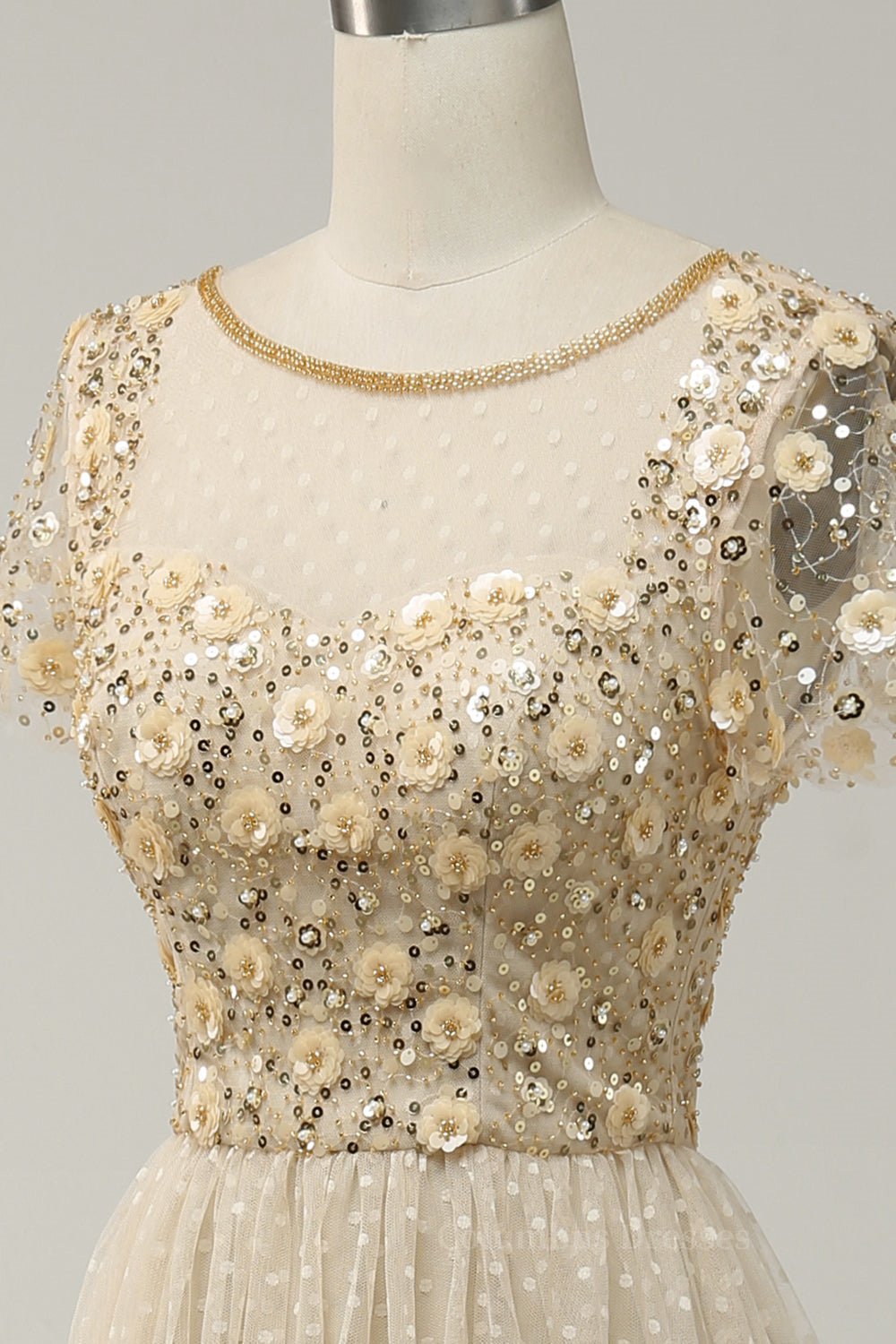 Plu Size Wedding Dress, Champagne A-line Dot Appliques Illusion Neck Beaded Long Prom Dress