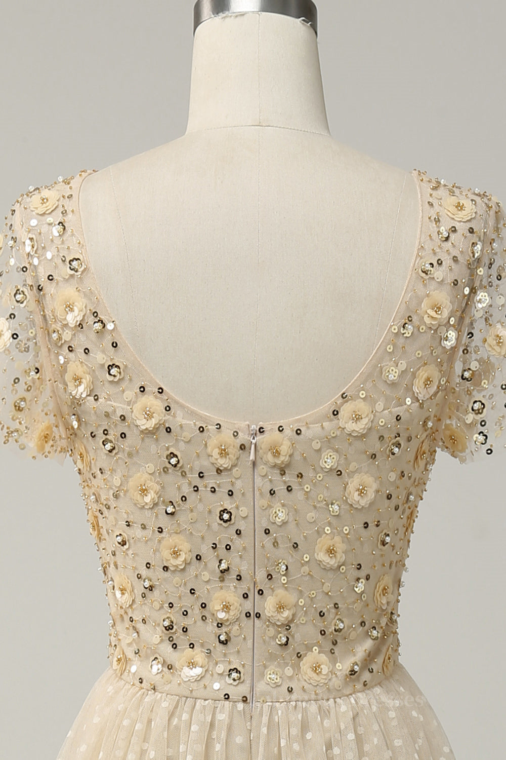 Bachelorette Party, Champagne A-line Dot Appliques Illusion Neck Beaded Long Prom Dress